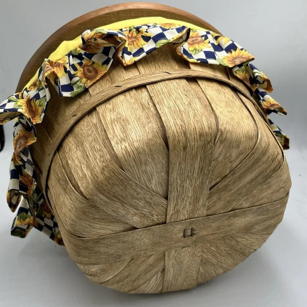 Vintage Half Bushel Sewing Picnic Basket Wooden Handle Sunflower Fabric Lined